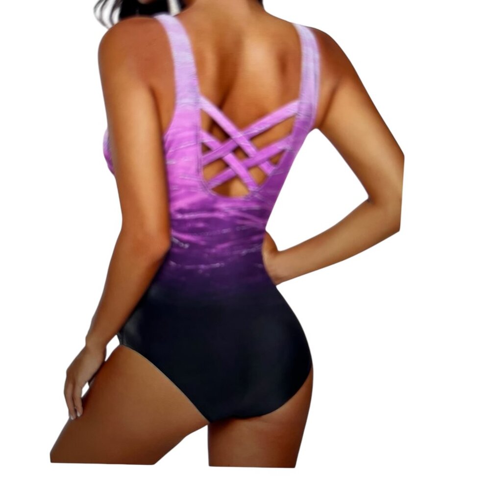 One Piece Swimsuit Purple & Blue Color Block Tummy Control Crisscross Back:Large - Picture 3 of 6